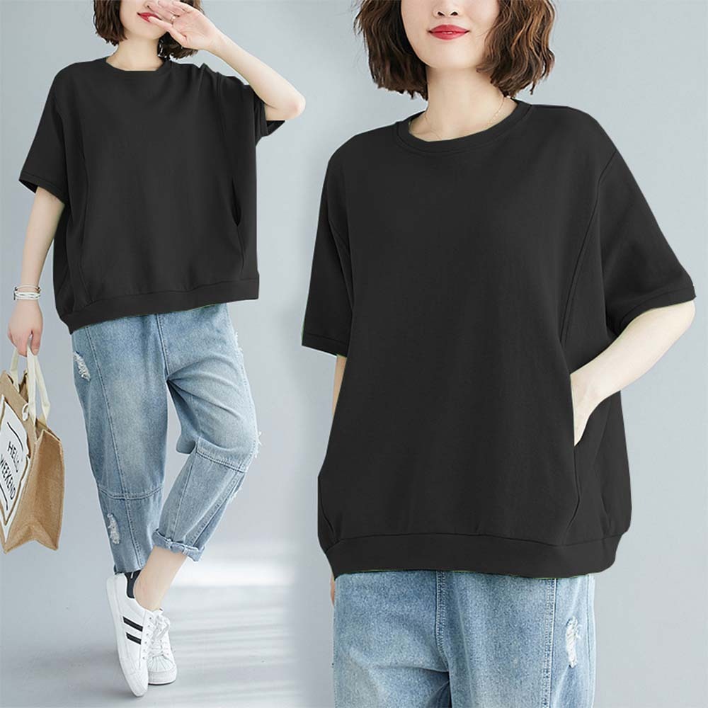 Summer women's loose solid color pocket round neck T-shirt