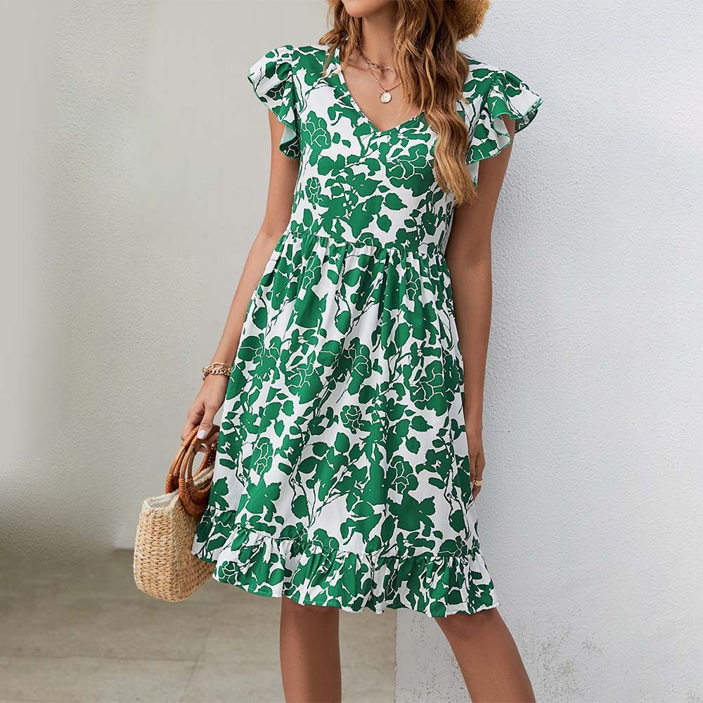 Women's Leaf Print V-Neck Casual Resort Dress