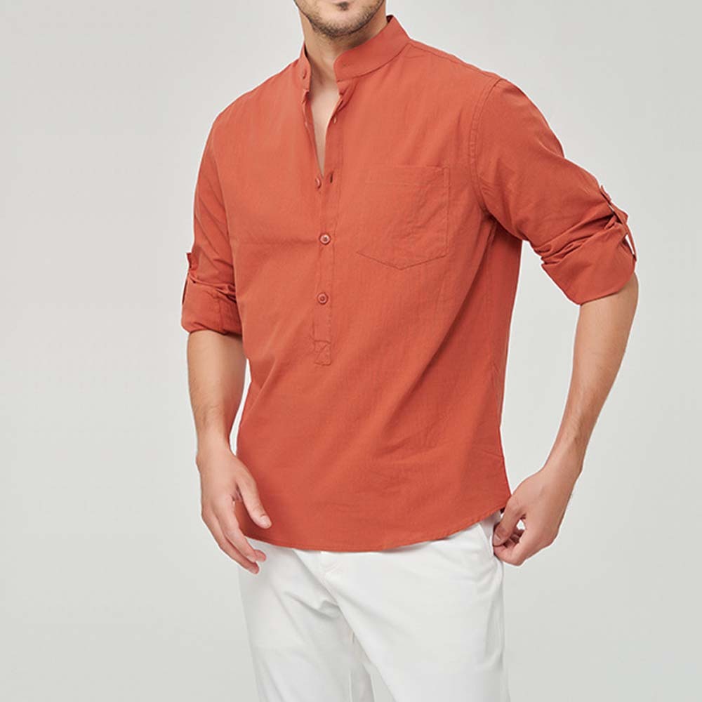 Hojanaranja Camisa henley cómoda de algodón de color liso para hombre