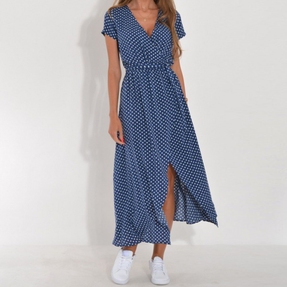 Summer bohemian style tie-front V-neck printed slit dress