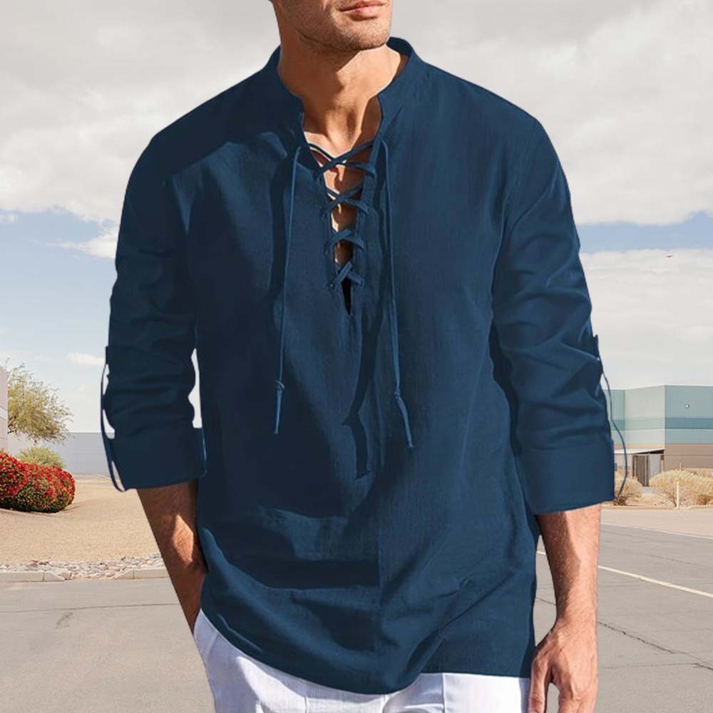 Spring Men's Cotton and Linen Stand Collar Long Sleeve Tie-Up Shirt