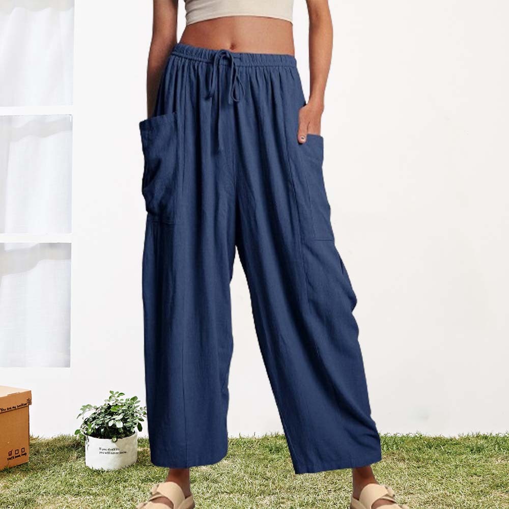 Pantalones casuales de algodón y lino con pierna ancha y cintura alta