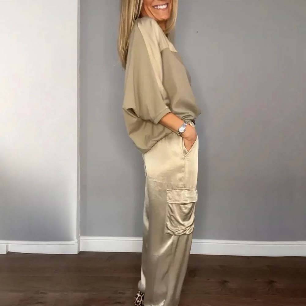 Conjunto dos piezas de top y pantalón media manga de raso liso