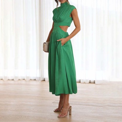 Stylish stand-up collar and exposed waist resort style dress