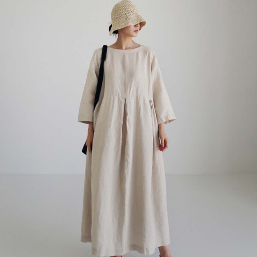 Spring and autumn casual loose round neck cotton and linen dress