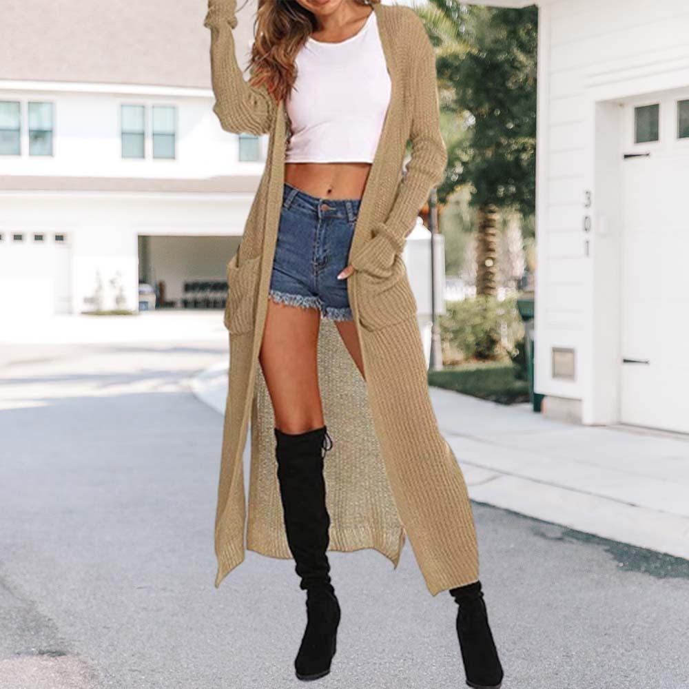 Olivoslindo Abrigo de mujer fino de punto con abertura larga y bolsillos grandes