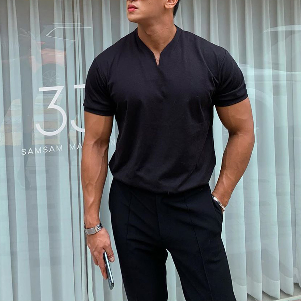 Olivoslindo Mangas cortas de color sólido con cuello en V suelto para hombres