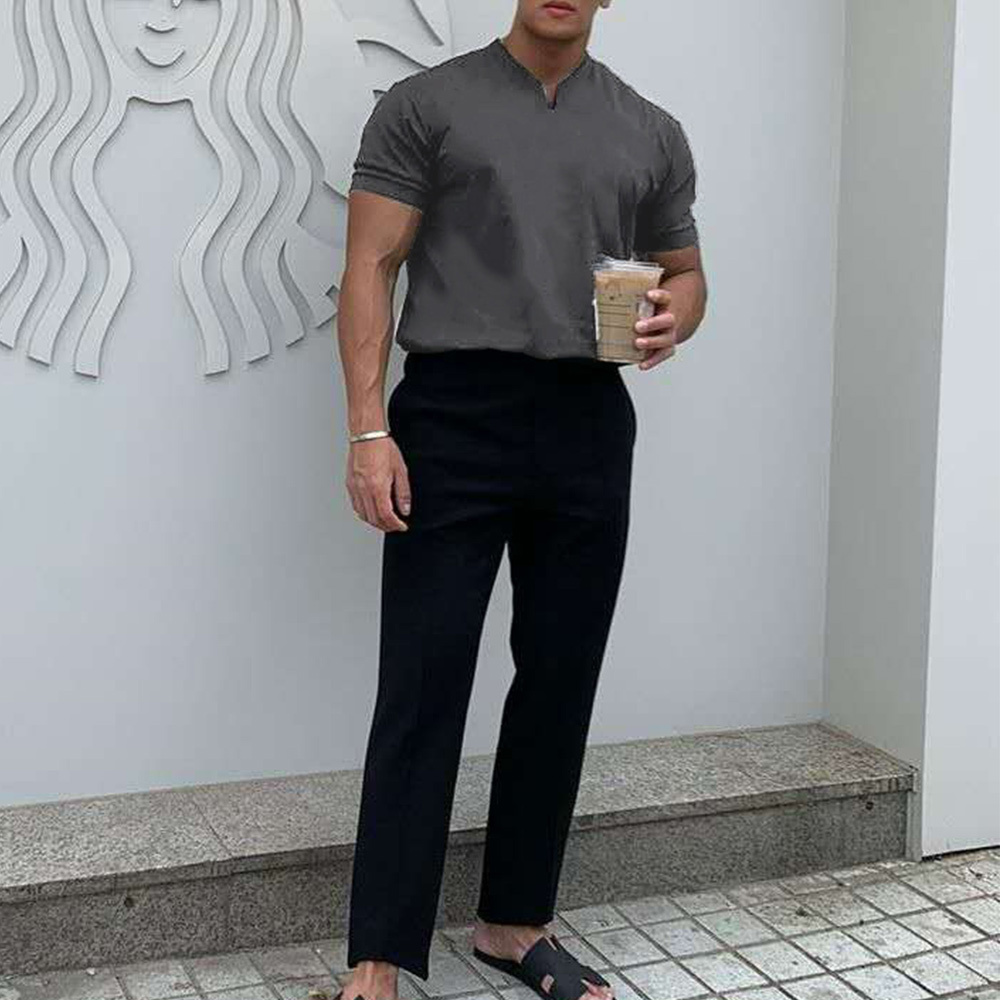 Olivoslindo Mangas cortas de color sólido con cuello en V suelto para hombres