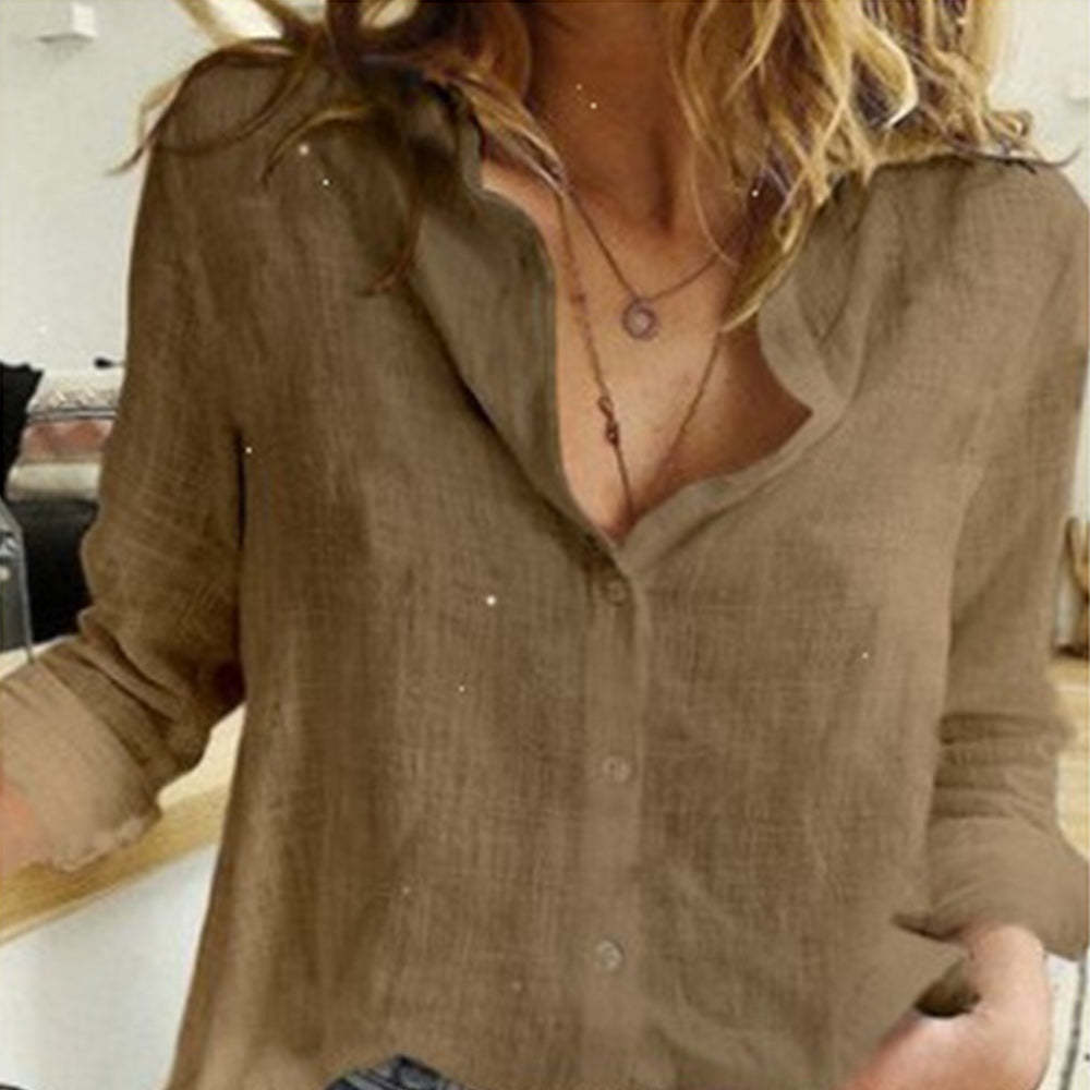 Olivoslindo Camisa casual de lino con cuello en V para mujer