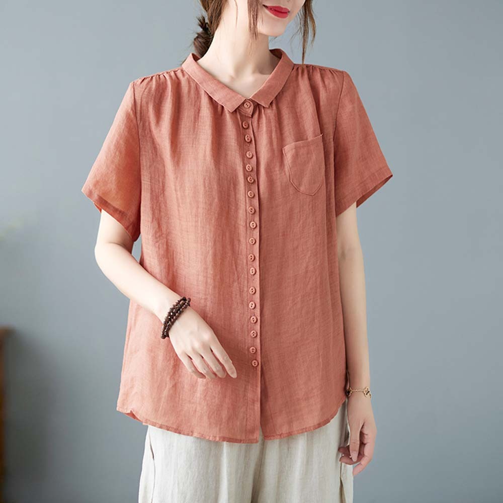 Women's loose large size cotton and linen short sleeve shirt