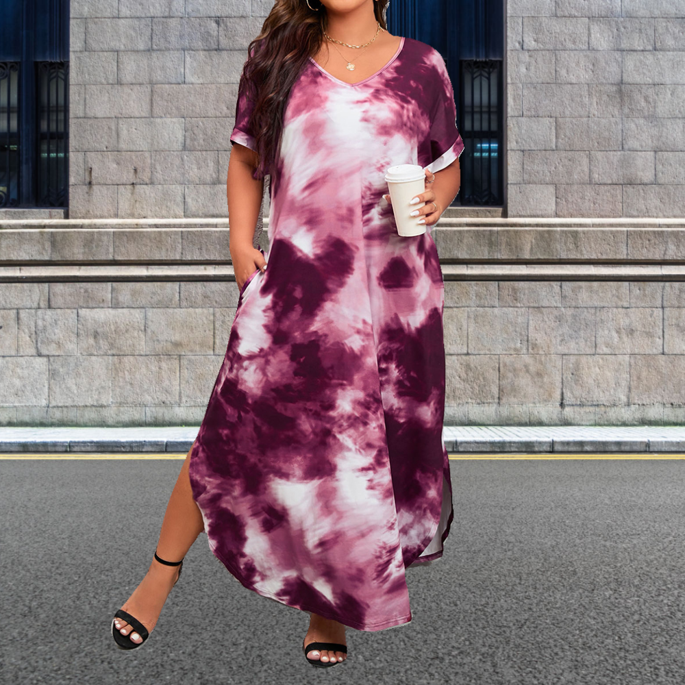 Olivoslindo Verano nueva falda larga vestido de manga corta tie-dye de gran tamaño