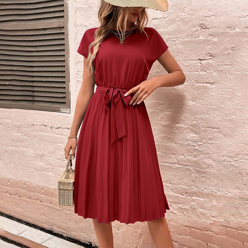 Women's Summer Solid Color Pleated Lace-Up Resort Dress