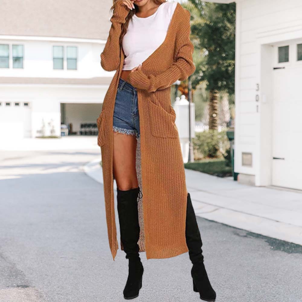 Olivoslindo Abrigo de mujer fino de punto con abertura larga y bolsillos grandes