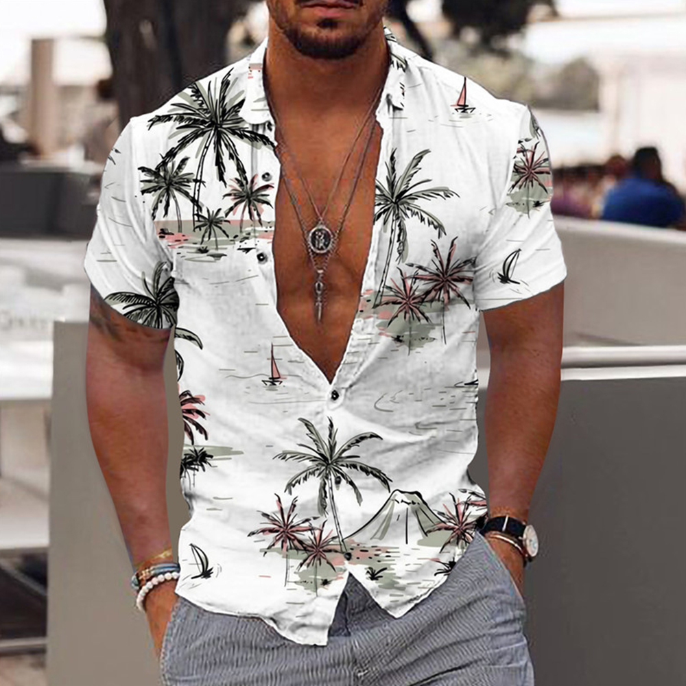 Camisa de manga corta con estampado de árbol de coco hawaiano para hombre
