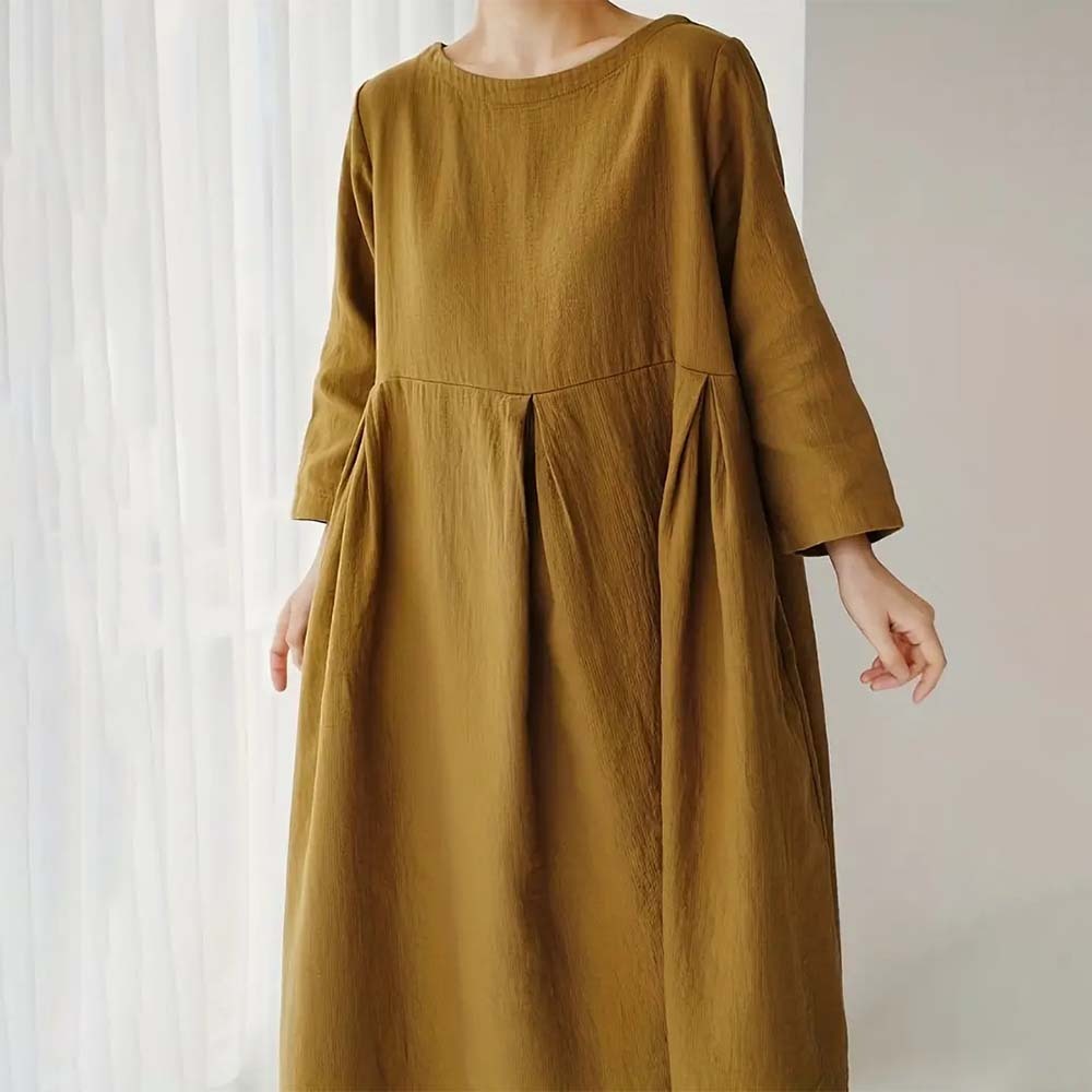 Spring and autumn casual loose round neck cotton and linen dress