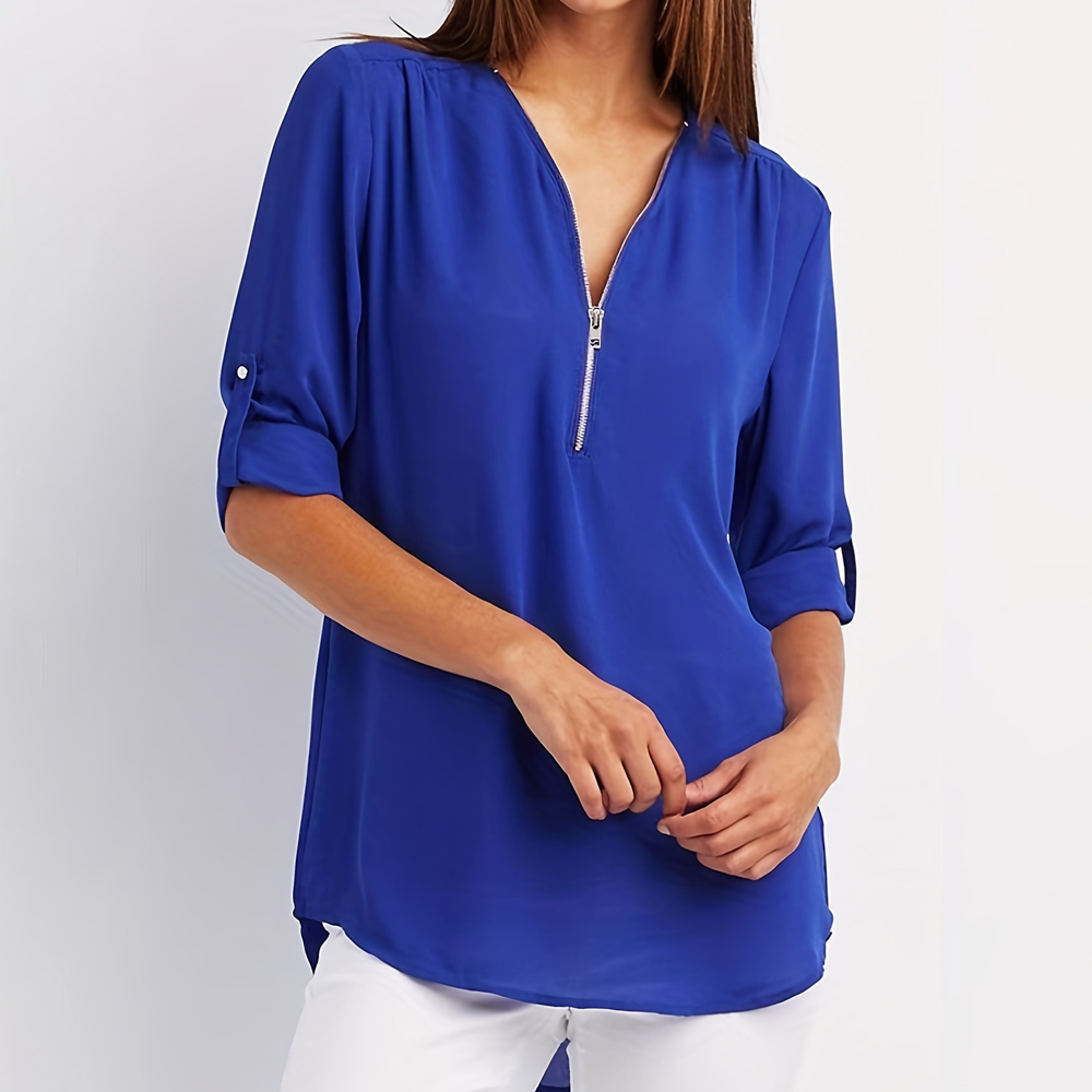 Women's Summer Fashion V Neck Zipper Chiffon Shirt