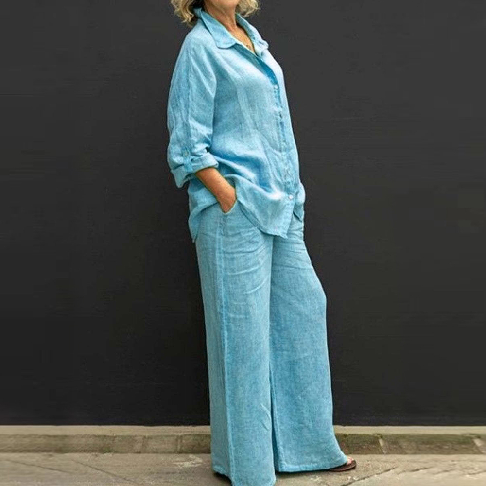 Women's casual cotton 2-piece set (long-sleeved shirt + wide-leg trousers)