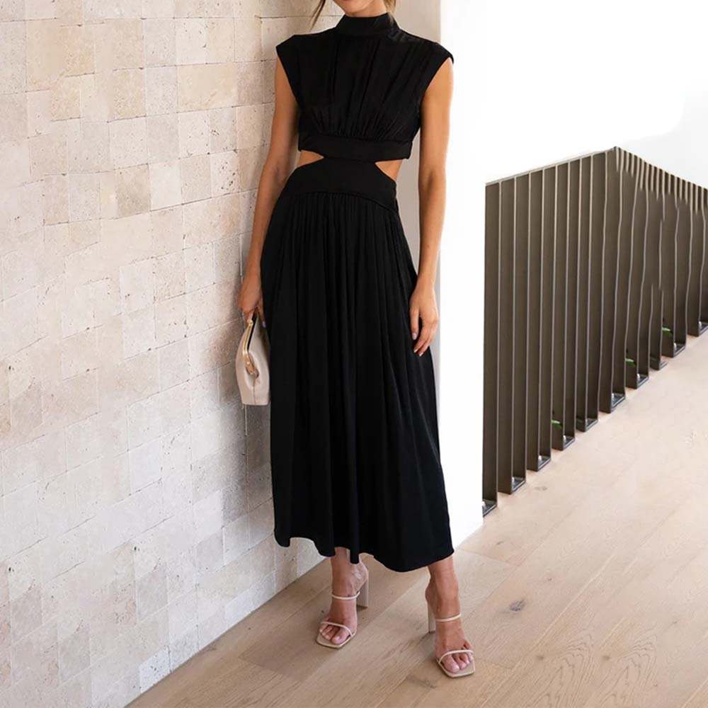Stylish stand-up collar and exposed waist resort style dress