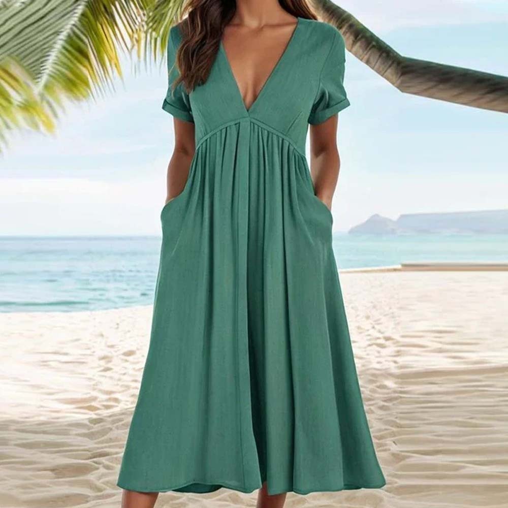 Vestido de mujer con bolsillos de algodón y lino transpirable de color