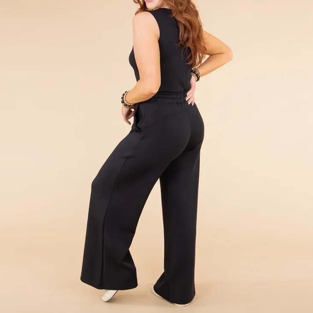 Spring and summer casual lace-up solid color sleeveless jumpsuit