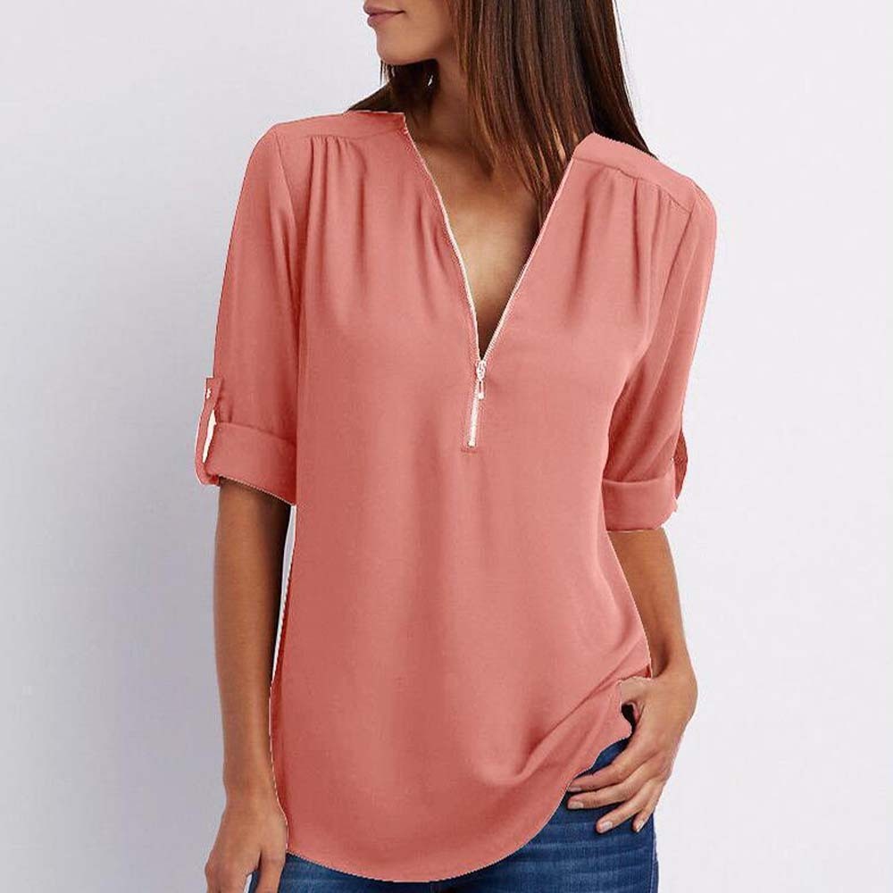 Women's Summer Fashion V Neck Zipper Chiffon Shirt