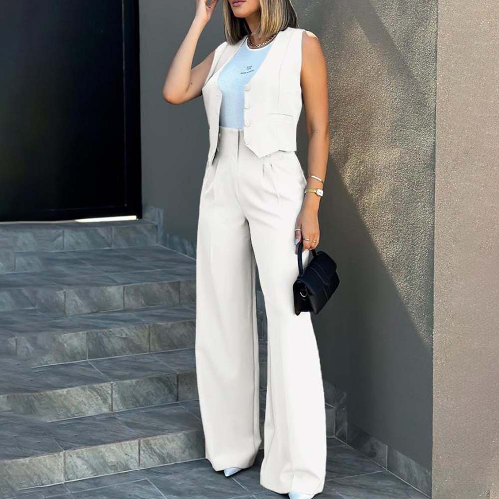 Hojanaranja Traje de moda, chaleco, pantalones de pierna ancha, conjunto informal de 2 piezas