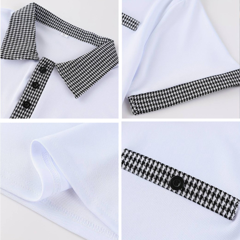 Summer Men's Houndstooth Casual Button Collar Short Sleeve Polo Shirt