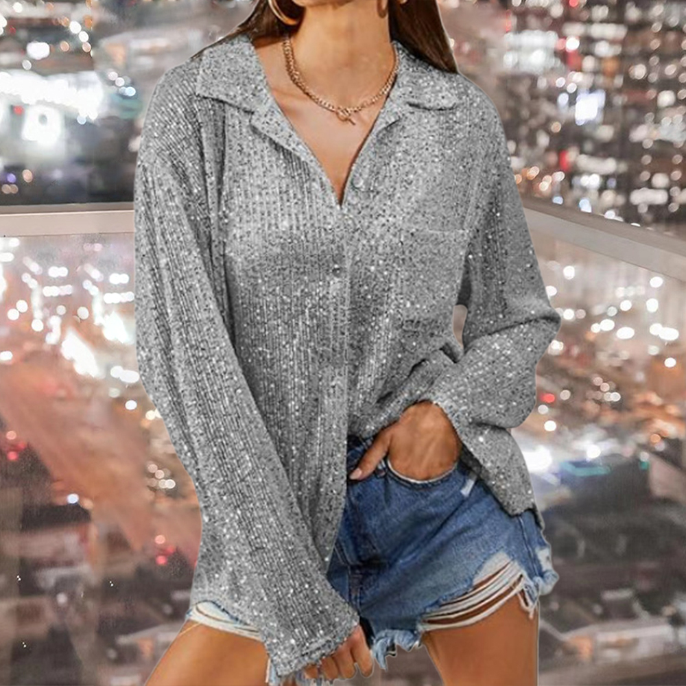 2024 Autumn Women's Fashionable Sequined Long Sleeve Lapel Shirt