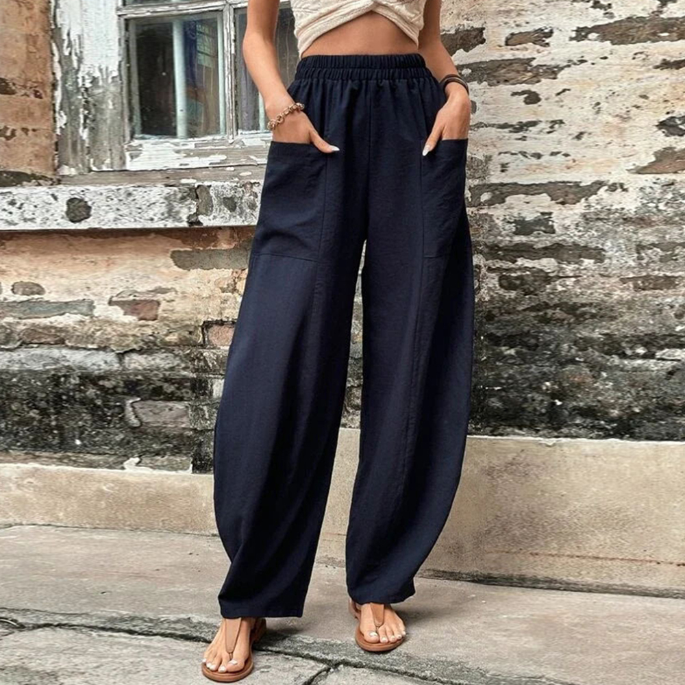 Olivoslindo Pantalones casuales de mujer con bolsillo de color sólido Pantalones elásticos