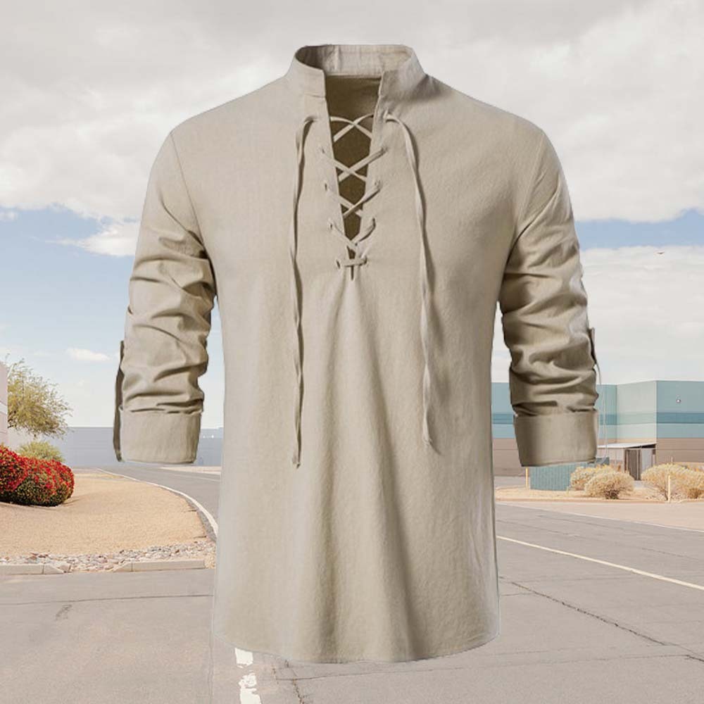 Spring Men's Cotton and Linen Stand Collar Long Sleeve Tie-Up Shirt