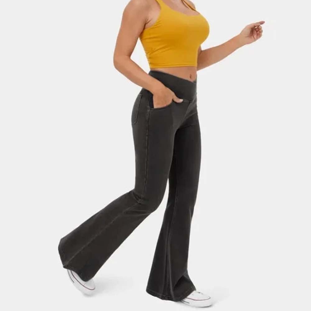 Women's Stretch Denim High Waist Crossover Flare Pants