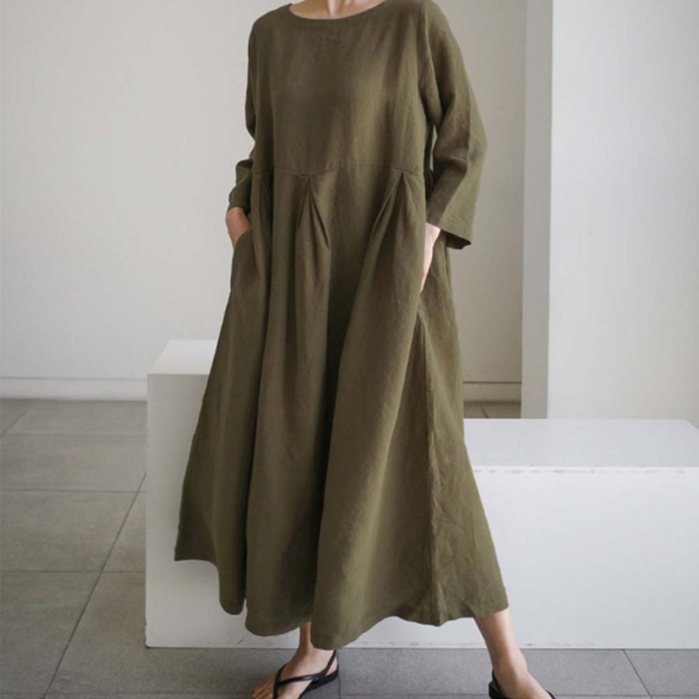 Spring and autumn casual loose round neck cotton and linen dress