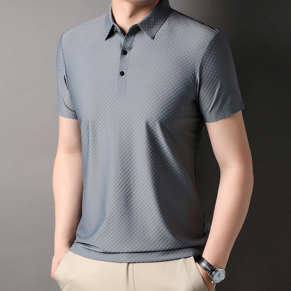 Hojanaranja Polo de manga corta a cuadros elásticos de color liso para hombre