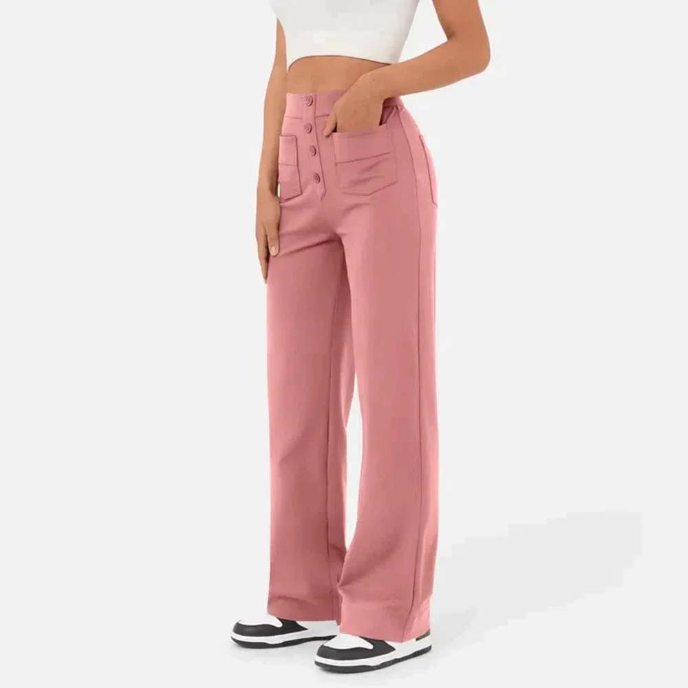 Pantalones casuales elásticos con botones de cintura alta para mujer