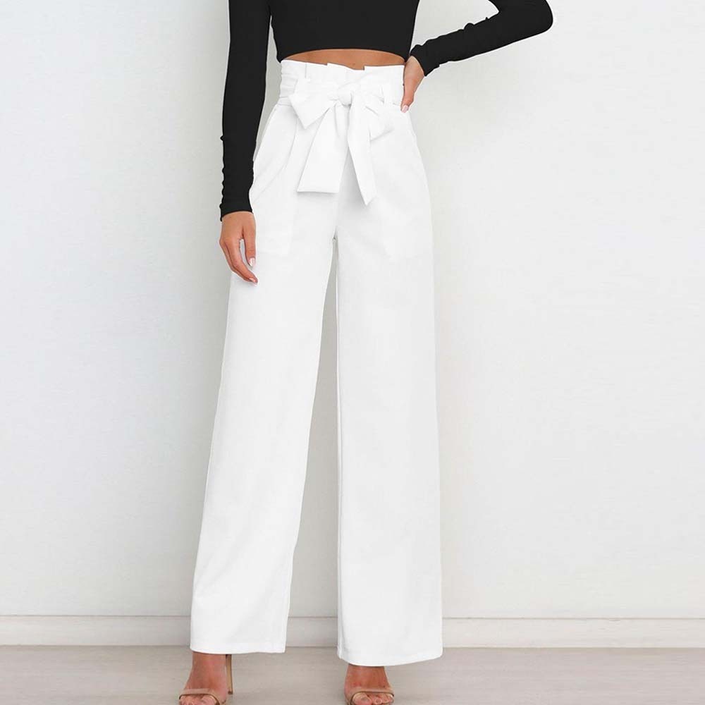 Pantalones anchos de talle alto con lazo a la moda para mujer