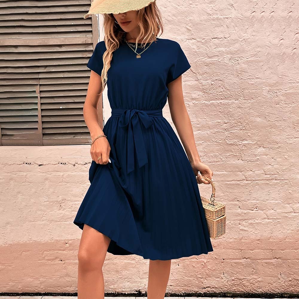 Women's Summer Solid Color Pleated Lace-Up Resort Dress