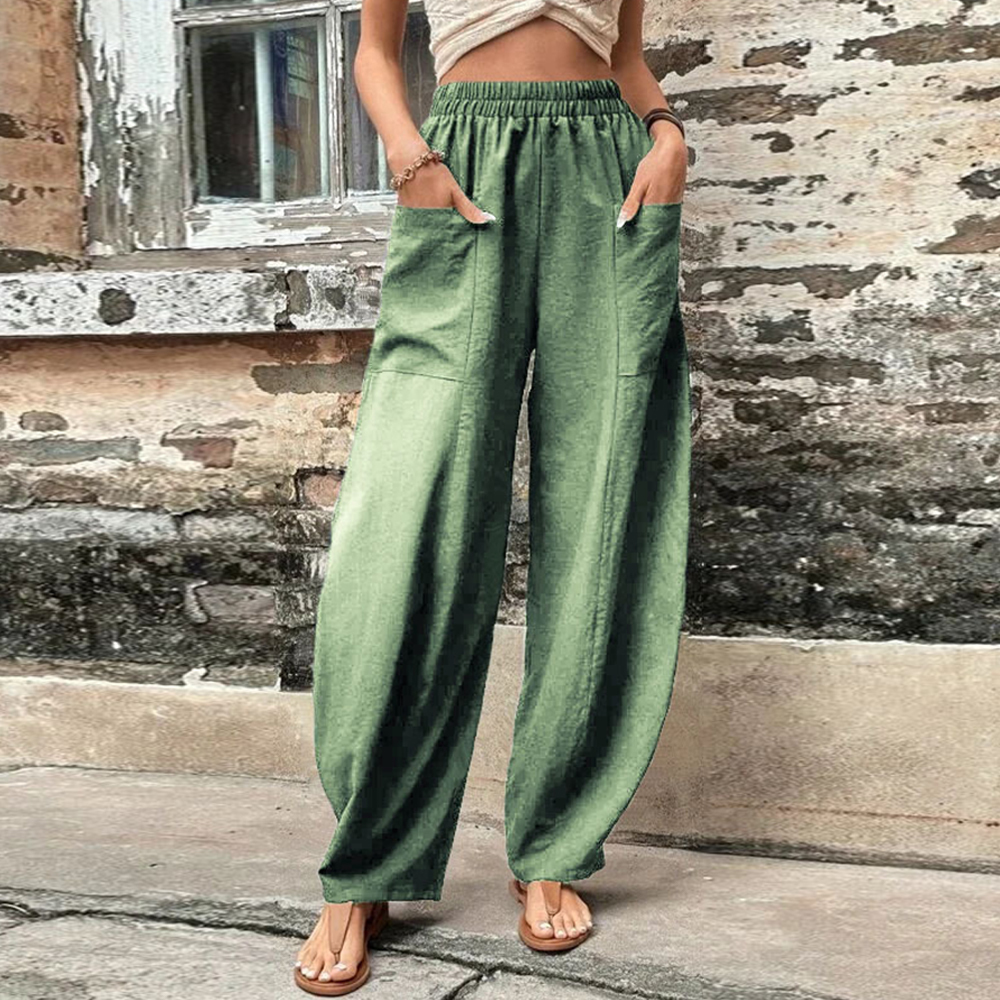 Olivoslindo Pantalones casuales de mujer con bolsillo de color sólido Pantalones elásticos