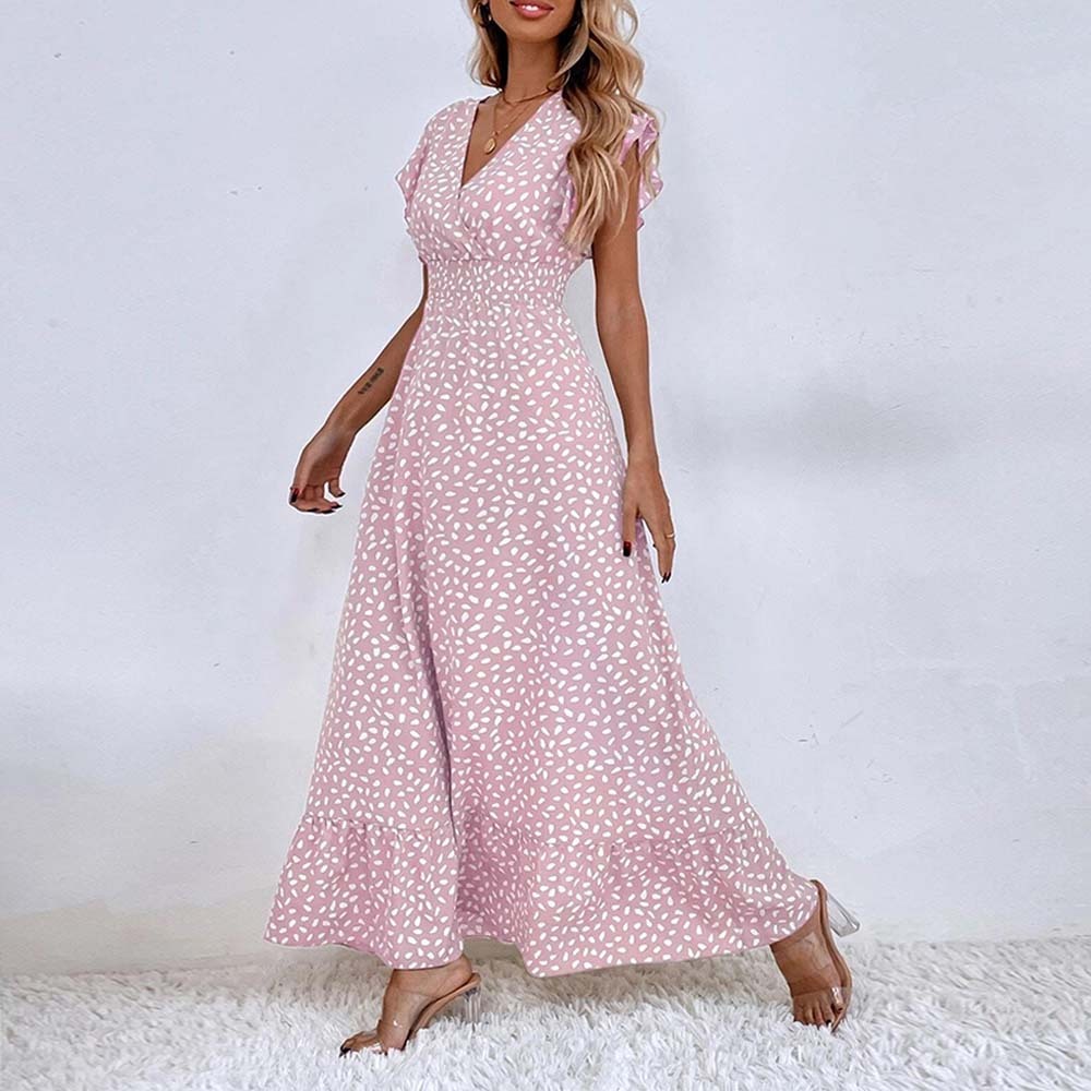 Women's Elegant V-Neck Ruffled Waist Dress