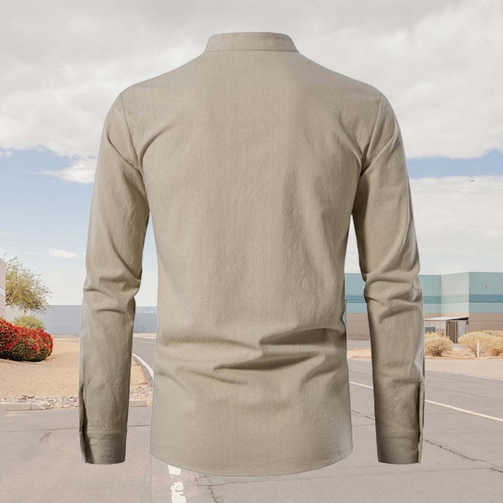 Spring Men's Cotton and Linen Stand Collar Long Sleeve Tie-Up Shirt