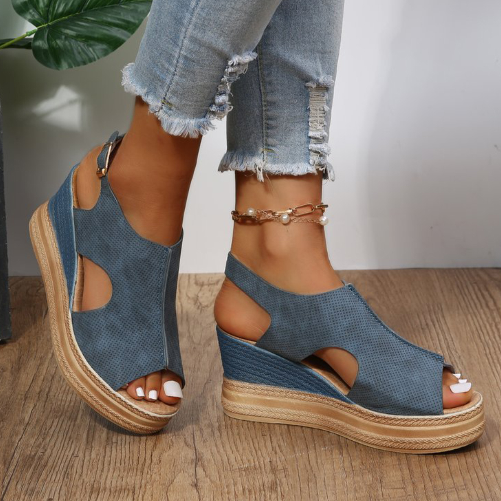 Olivoslindo Sandalias de cuña con hebilla y punta abierta estilo romano