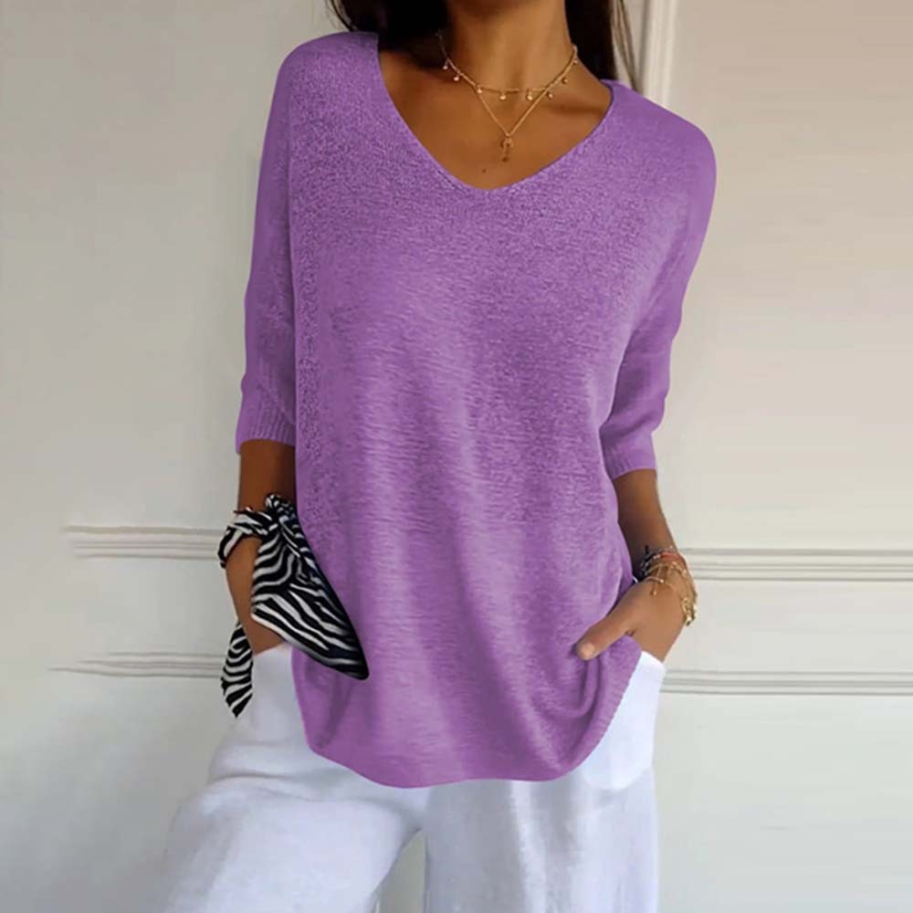 Top de punto de color liso con cuello en V para mujer