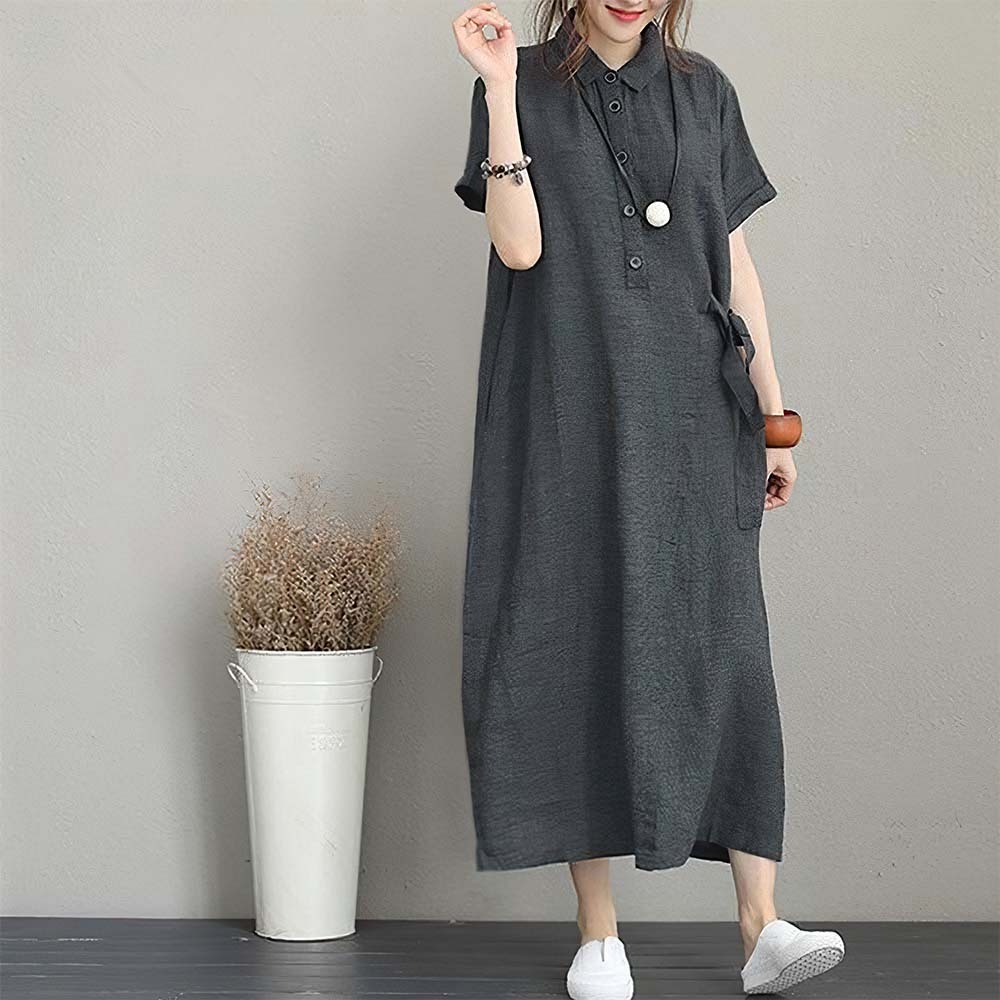 Women's Casual Polo Neck Cotton and Linen Short Sleeve Dress