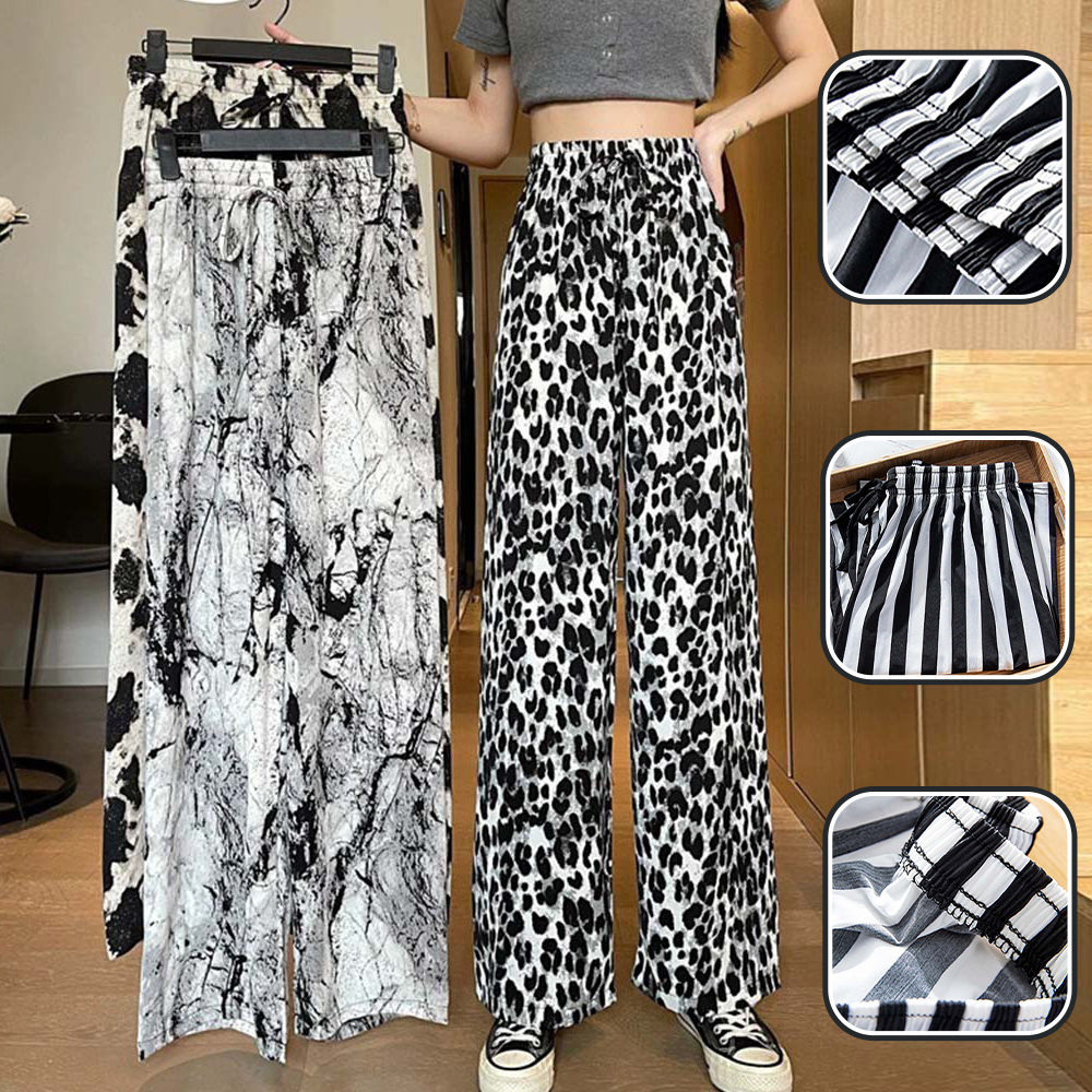 Women's fashionable printed tie-dye ice silk wide-leg pants