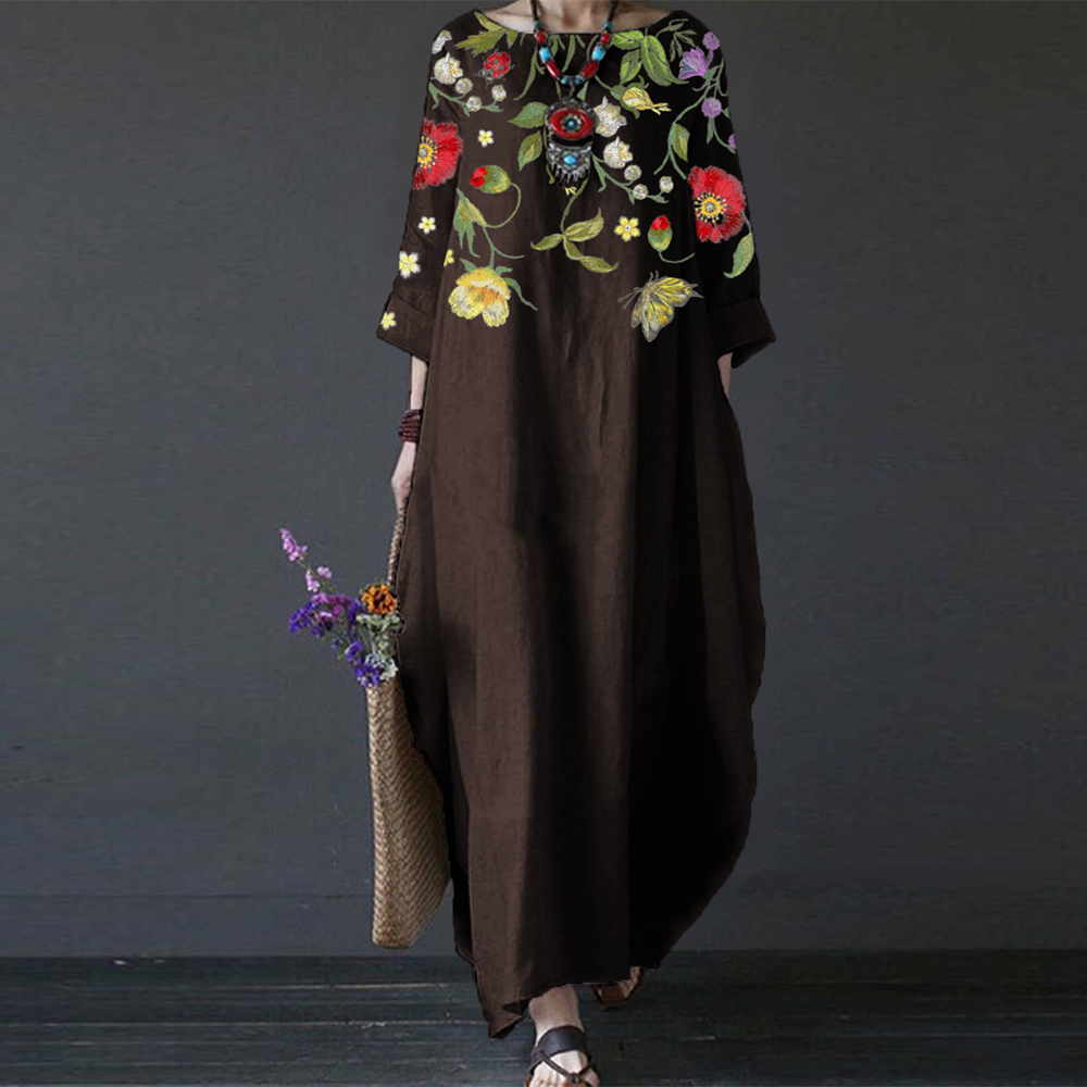 Olivoslindo Vestido retro con lindo estampado y temperamento literario con escote redondo