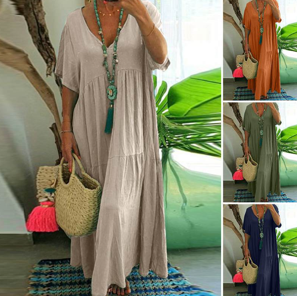 Women's breathable V-neck cotton and linen long skirt casual beach dress