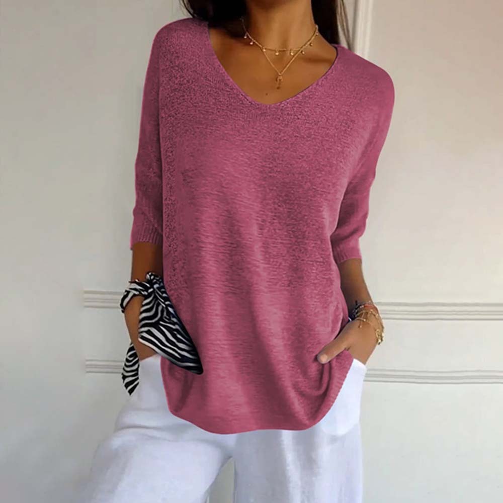 Top de punto de color liso con cuello en V para mujer