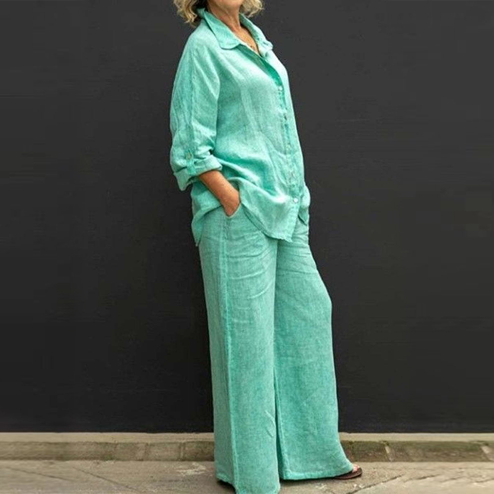 Women's casual cotton 2-piece set (long-sleeved shirt + wide-leg trousers)