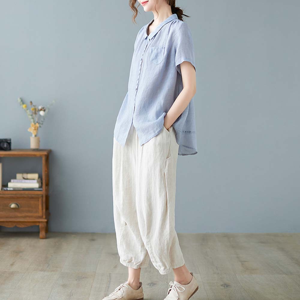 Women's loose large size cotton and linen short sleeve shirt