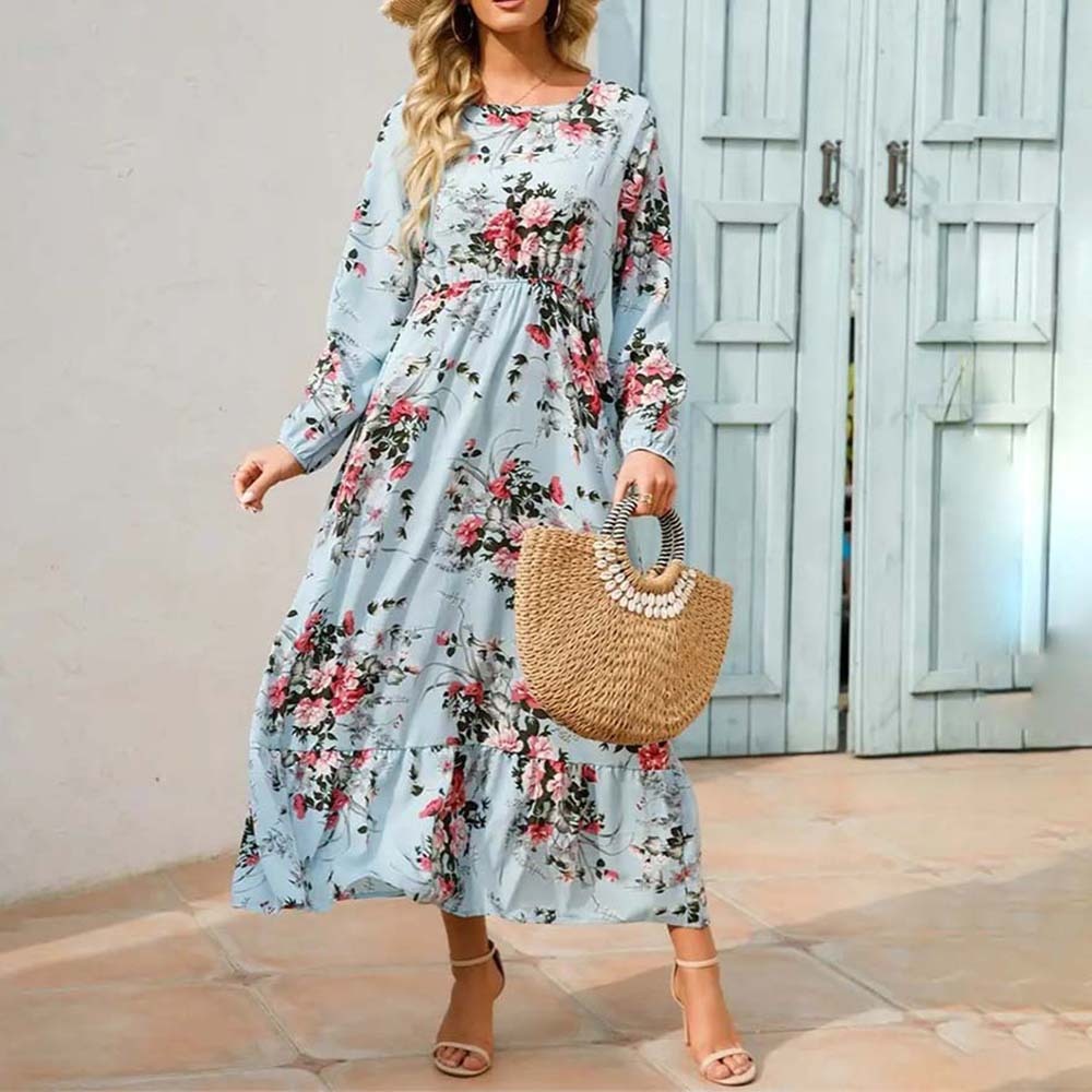 Women's Bohemian Ruffle Print Long Sleeve Dress