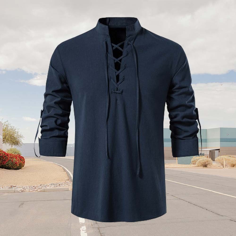 Spring Men's Cotton and Linen Stand Collar Long Sleeve Tie-Up Shirt